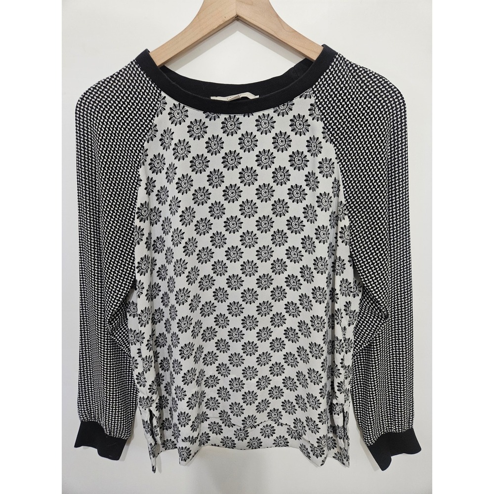 Ann Taylor LOFT Mixed‎ Media Floral Geometric Raglan Sleeve Blouse Black White S